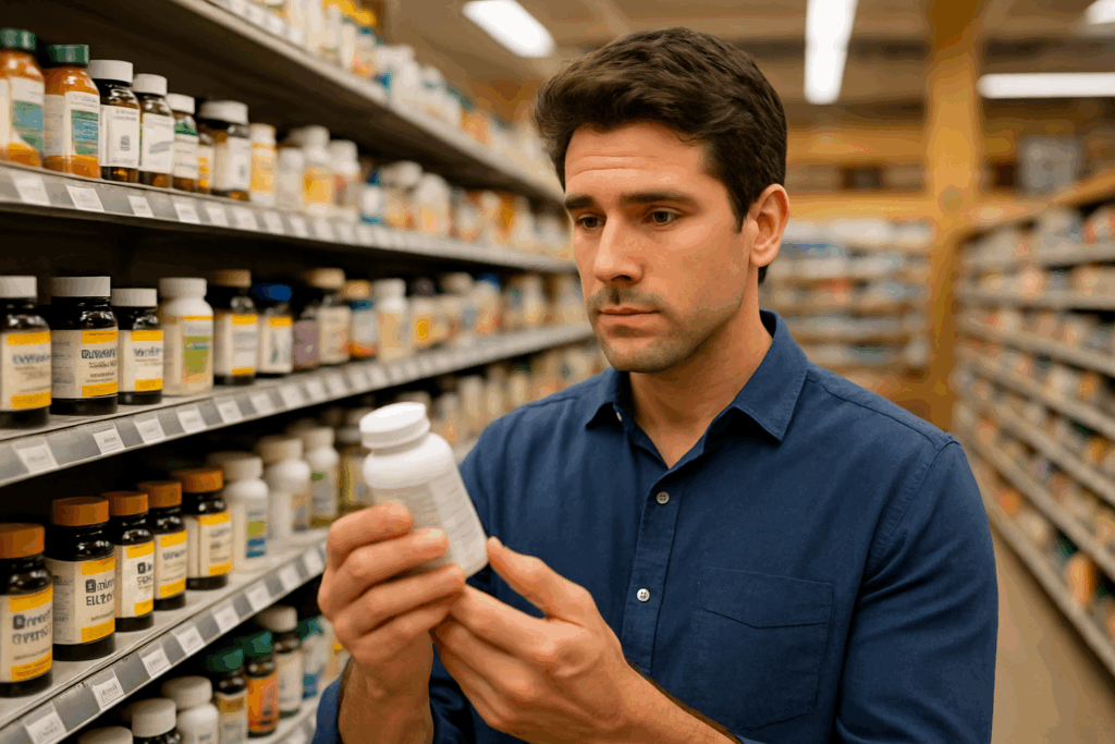 man reading vitamin label man reading vitamin label