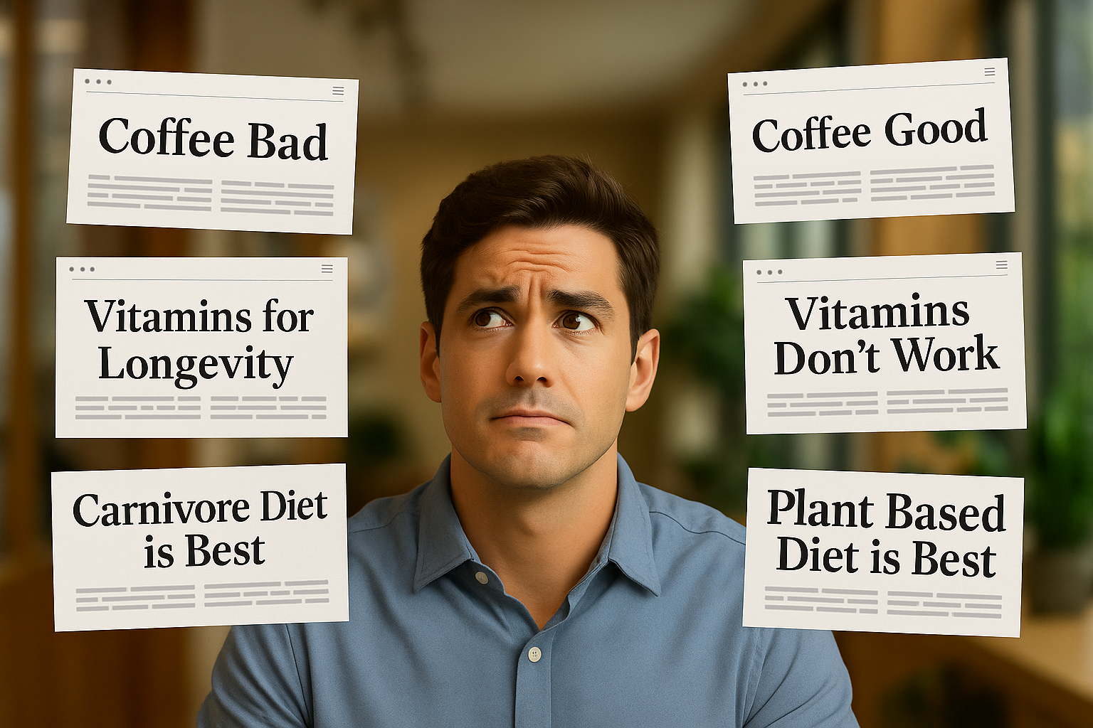 man looking at conflicting health claims