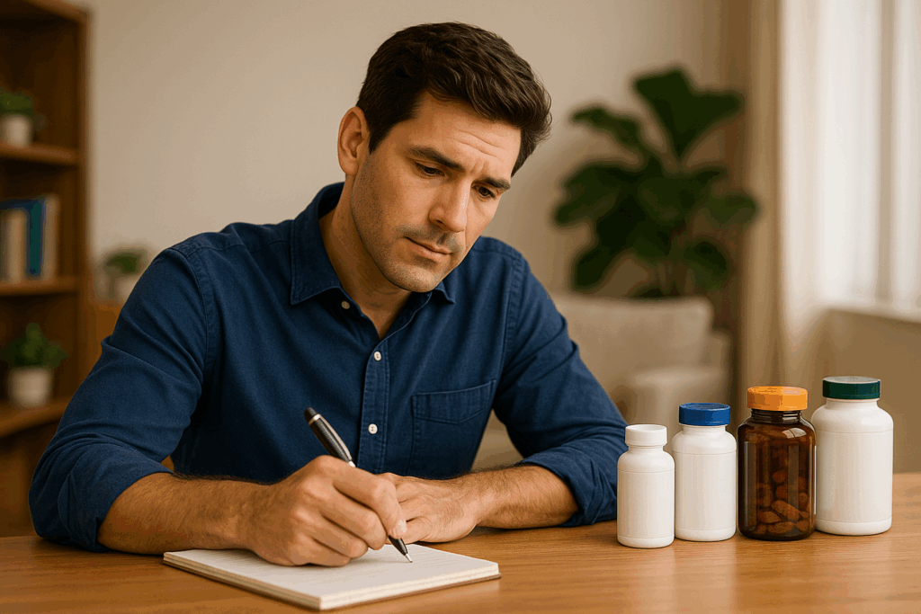 A man writing at a desk keeping track of what supplements he is taking
