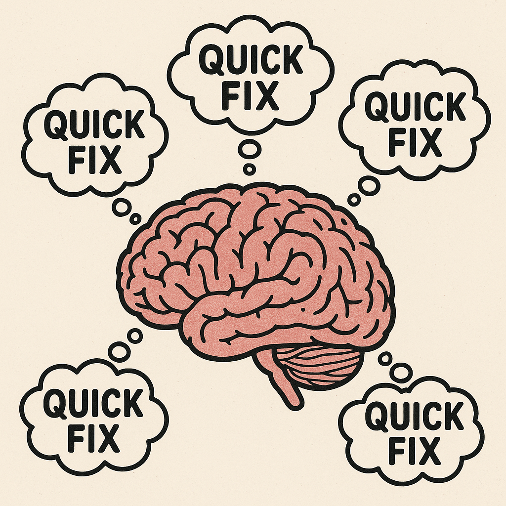 Graphic of brain with multiple word clouds saying Quick Fix illustrating how our brains are wired to want quick fixes.